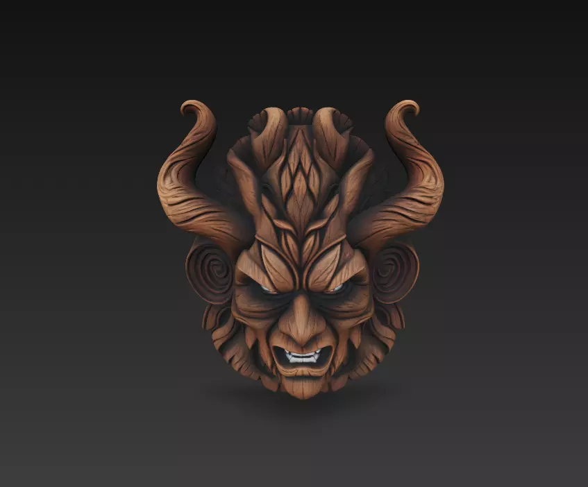 Forest Demon Mask - Twisted Horns Tribal Sculpture 3D print model_6