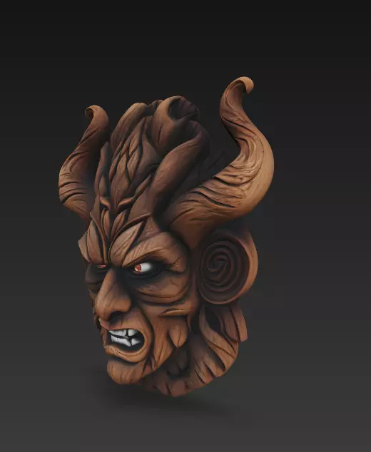 Forest Demon Mask - Twisted Horns Tribal Sculpture 3D print model_5