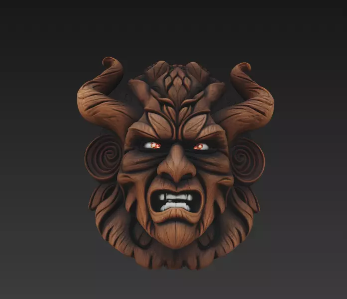 Forest Demon Mask - Twisted Horns Tribal Sculpture 3D print model_0