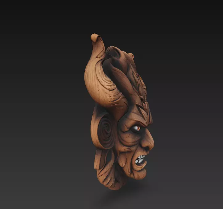 Forest Demon Mask - Twisted Horns Tribal Sculpture 3D print model_4