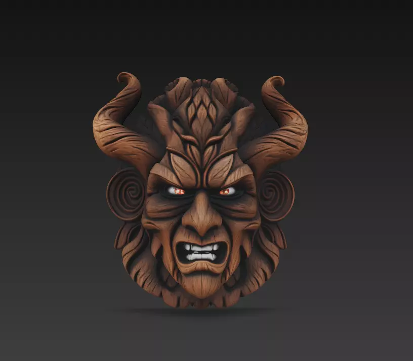 Forest Demon Mask - Twisted Horns Tribal Sculpture 3D print model_2