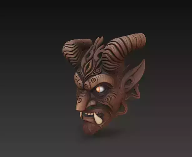 Forest Demon Mask - Twisted Horn Tribal Sculpture