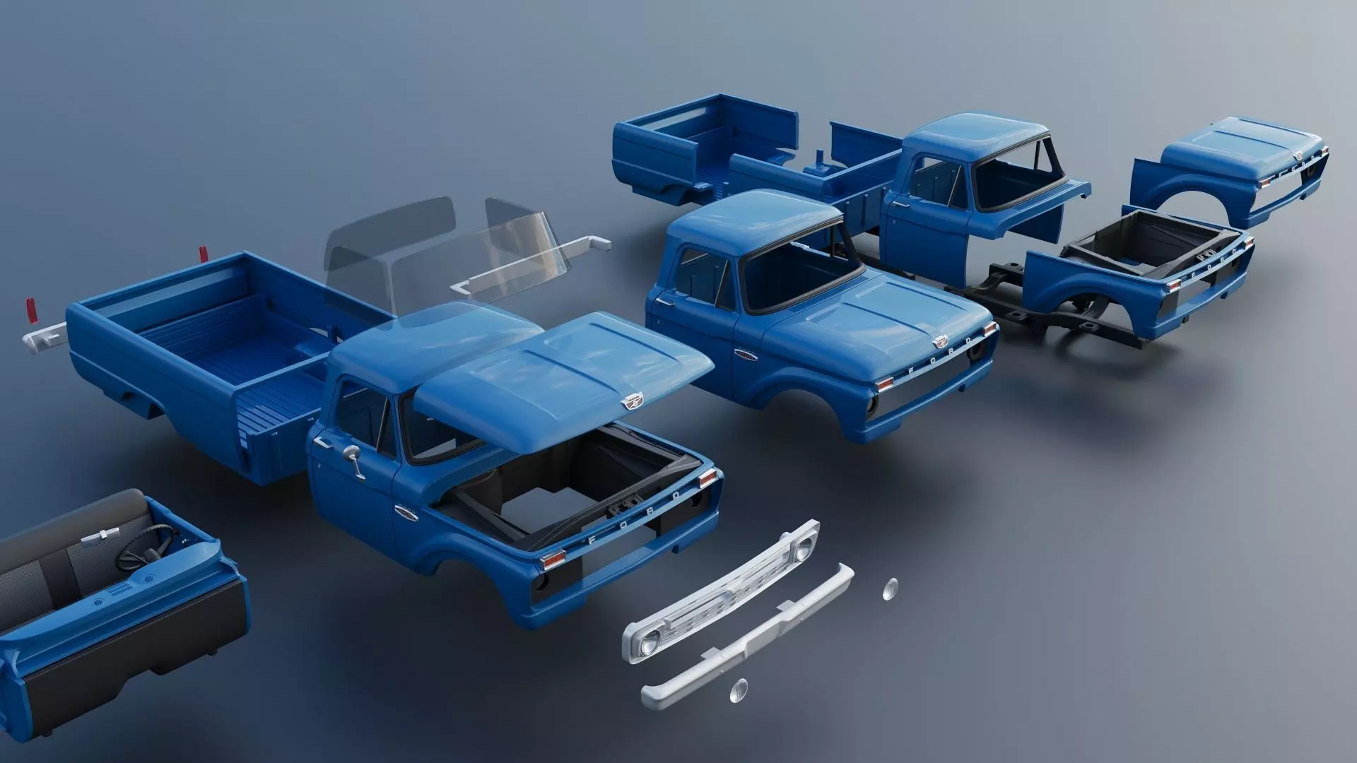 Pickup Truck F100 Long Bed 1966 3D print model_24