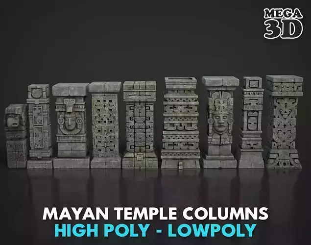 9 Mayan Temple Columns 3D Asset Pack 250808 Low-poly 3D model