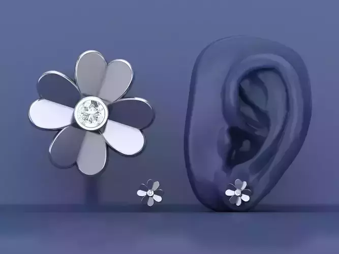 Single Diamond Four Leaf Clover Stud Earrings 3D CAD Design
