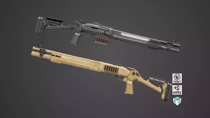 Long Shotgun 04 Black and Sandal Single Mat All PBR Unity UE  Low-poly 3D model