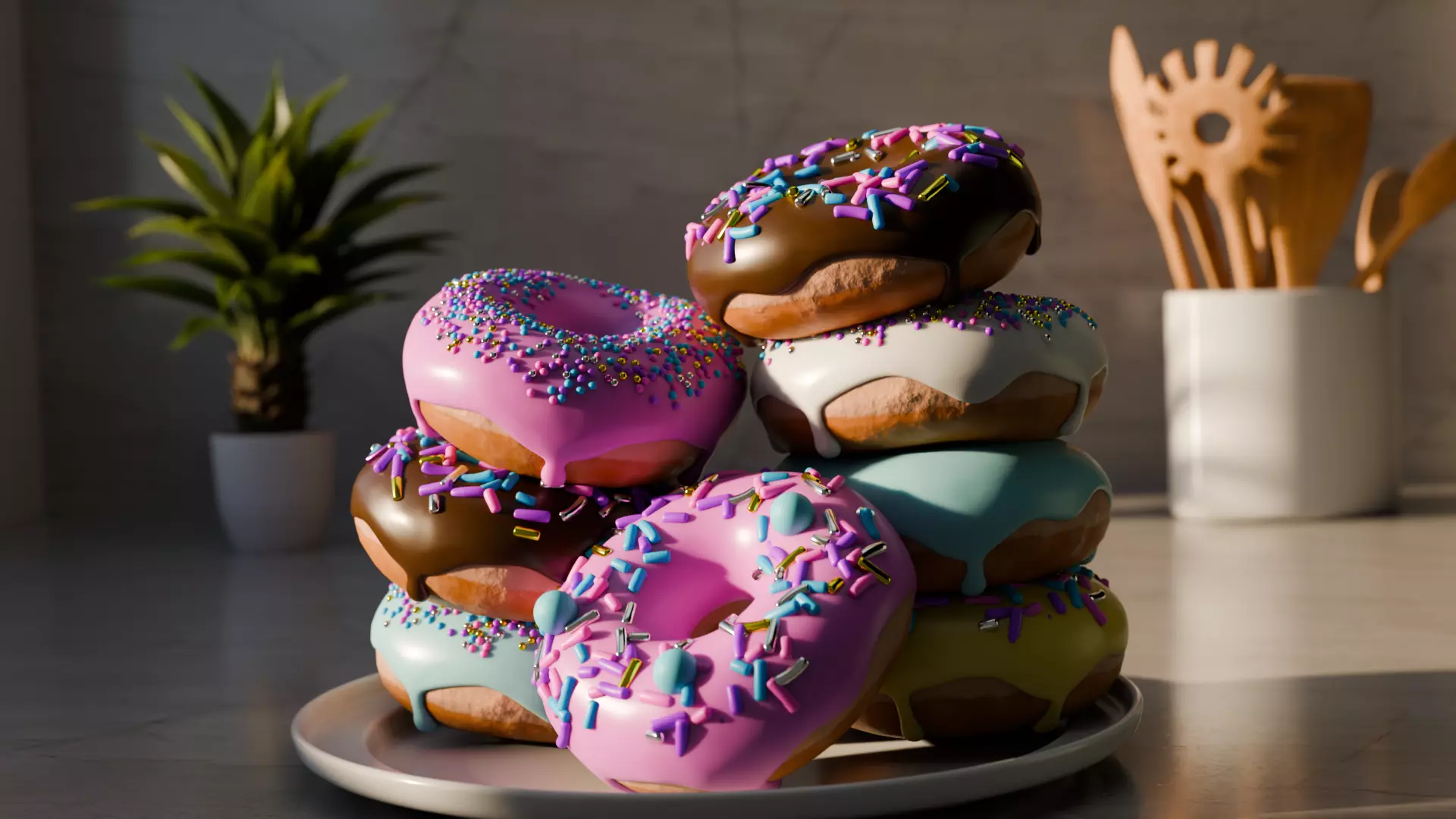 Realistic Animated Donut Kitchen scene - with 8 donuts 3D model_0