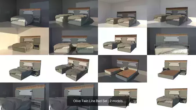 Olive Twin Line Bed Set 3D Model Collection