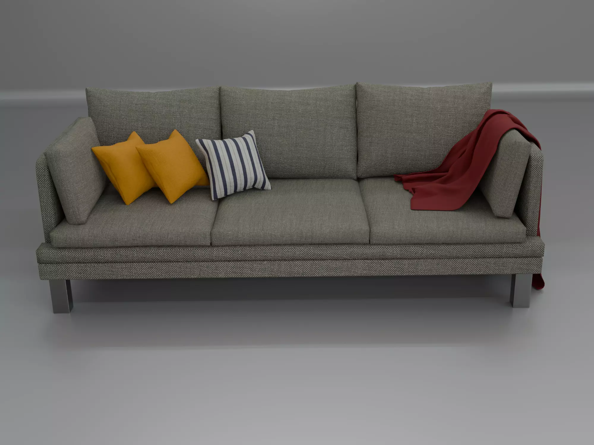 Modern Grey Fabric Sofa with Throw Pillows and Blanket 3D model_1