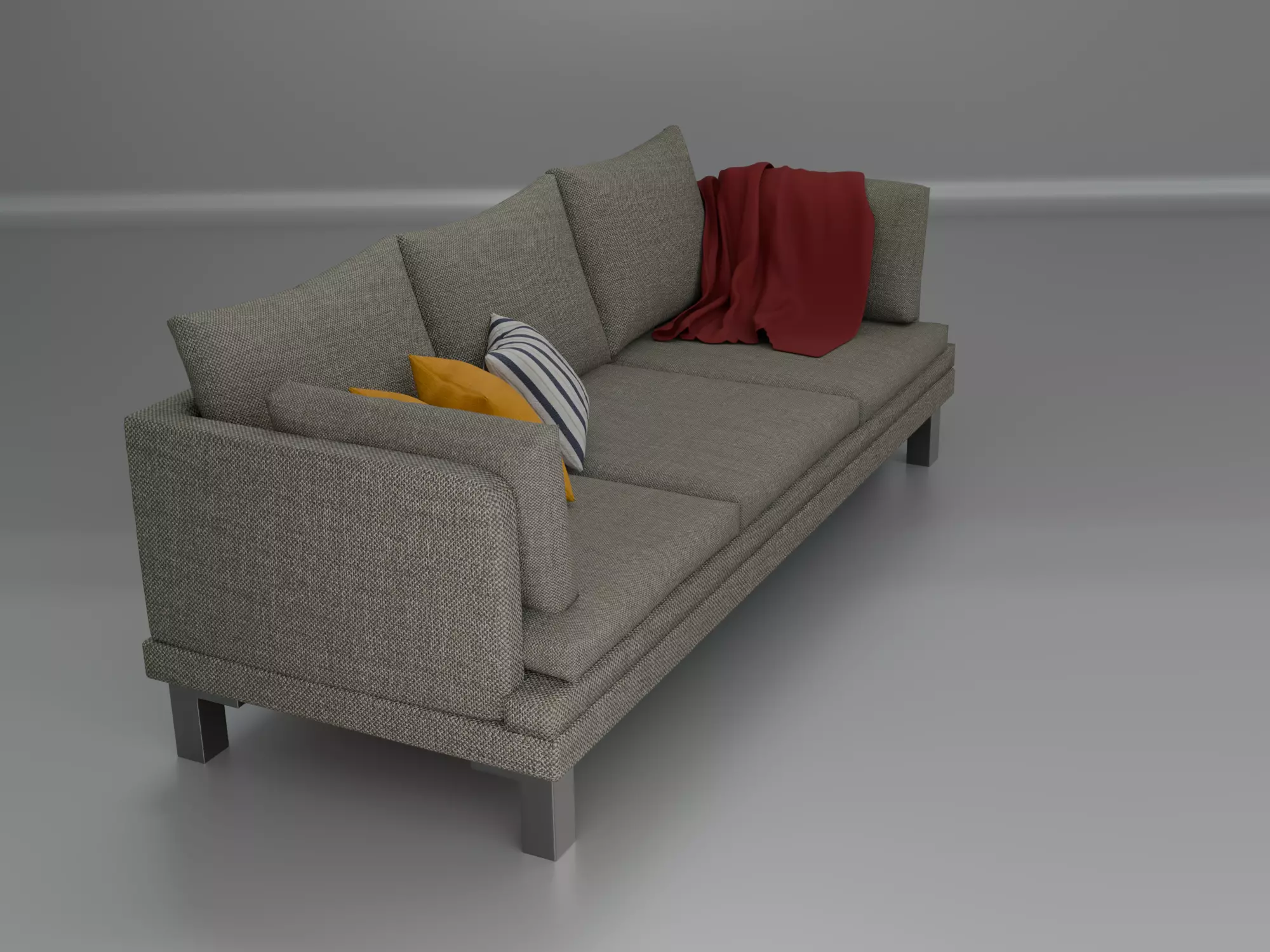 Modern Grey Fabric Sofa with Throw Pillows and Blanket 3D model_2