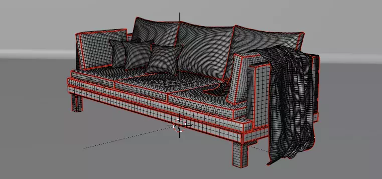 Modern Grey Fabric Sofa with Throw Pillows and Blanket 3D model_4