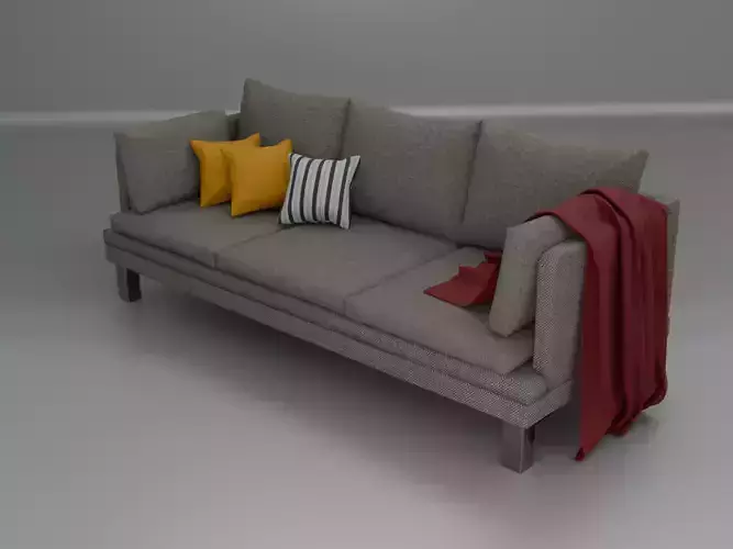 Modern Grey Fabric Sofa with Throw Pillows and Blanket