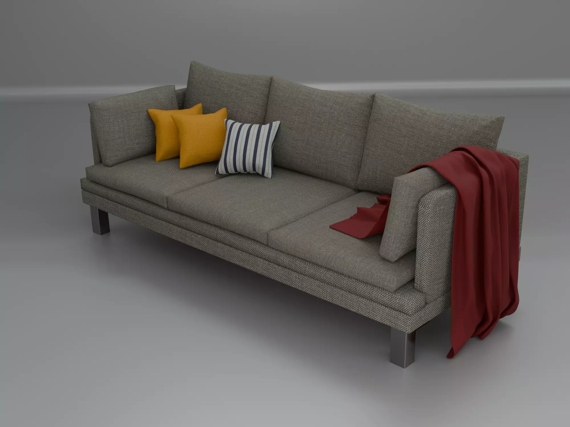 Modern Grey Fabric Sofa with Throw Pillows and Blanket 3D model_0