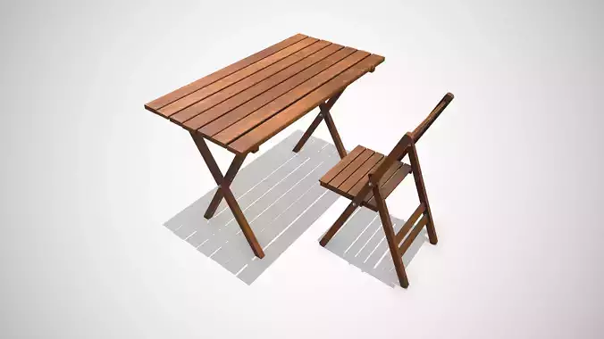 Old Wooden Folding Table and Chair Low-poly PBR