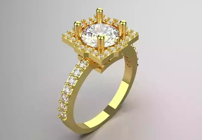 Luxury Yellow Gold Engagement Ring with Square Halo Model sr0091 3D print model