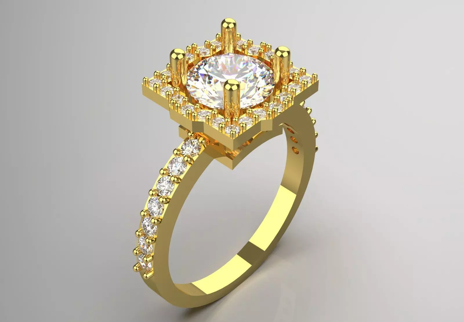 Luxury Yellow Gold Engagement Ring with Square Halo Model sr0091 3D print model_0