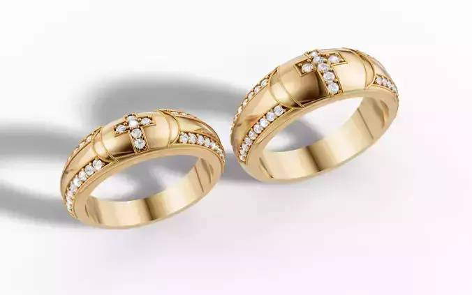 Cross Ring Set 3D Model Two Sizes Diamond Religious Ring