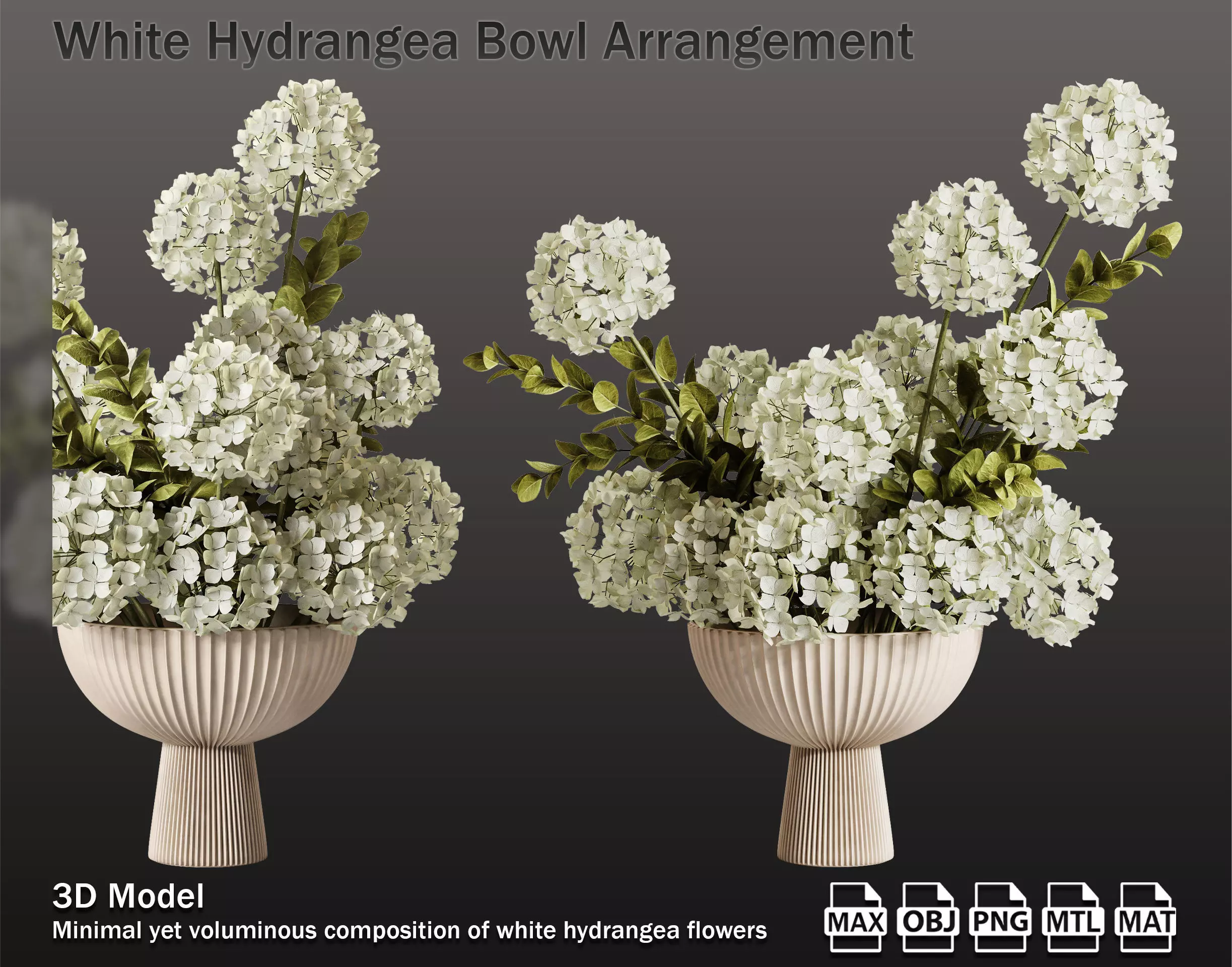 White Hydrangea Bowl Arrangement 3D model