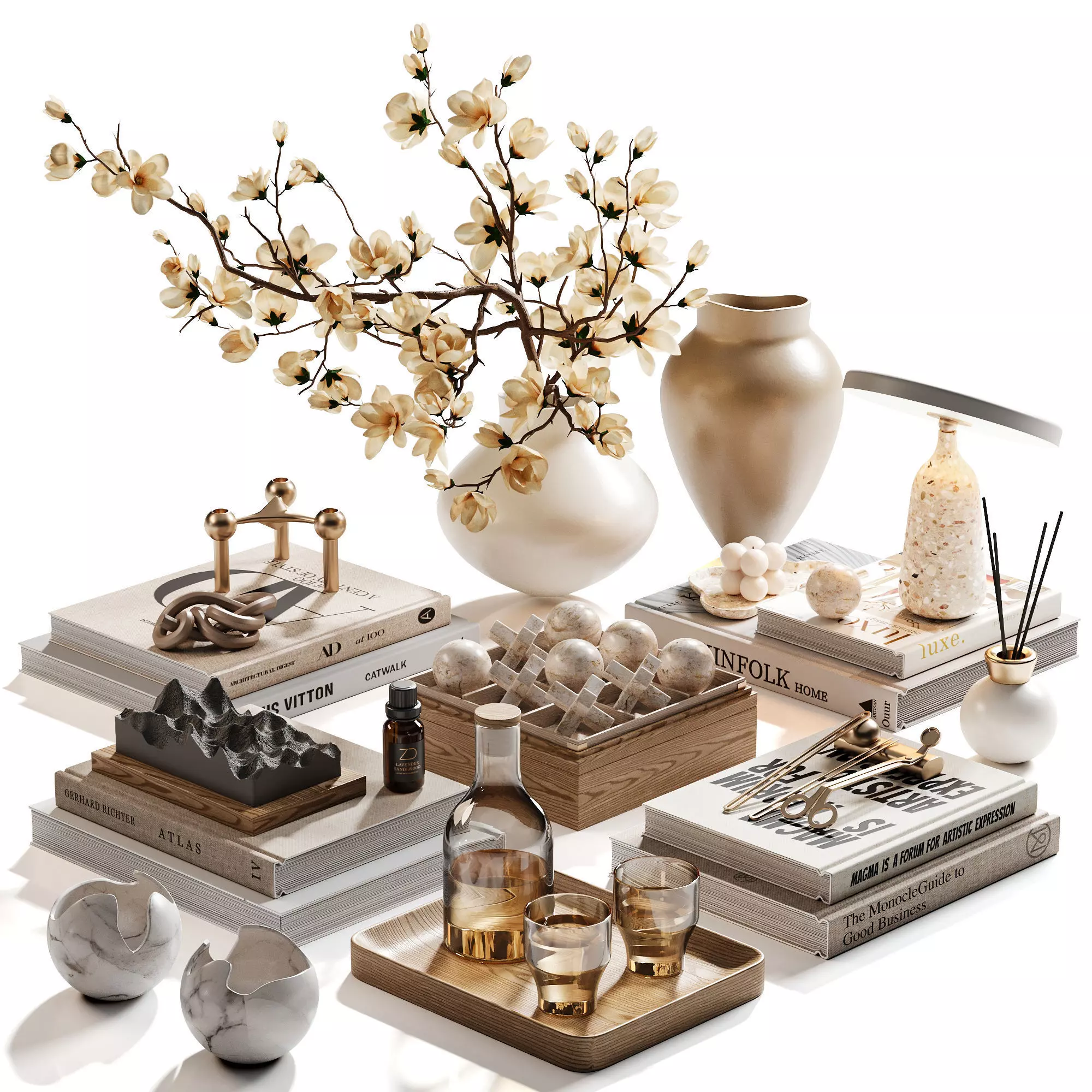 Golden Stillness Tabletop Styling with Magnolia 3D model