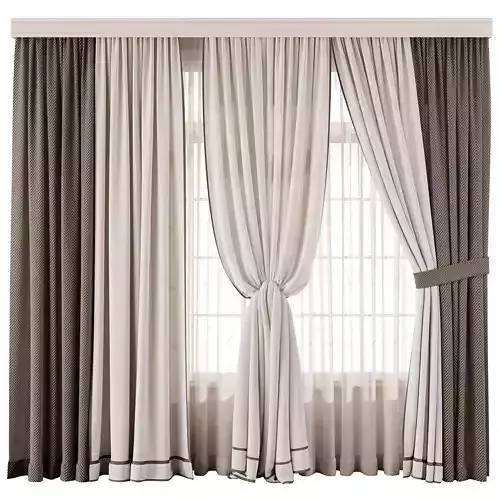  Herringbone Contrast Curtain Set with Beige Drapes and Trim