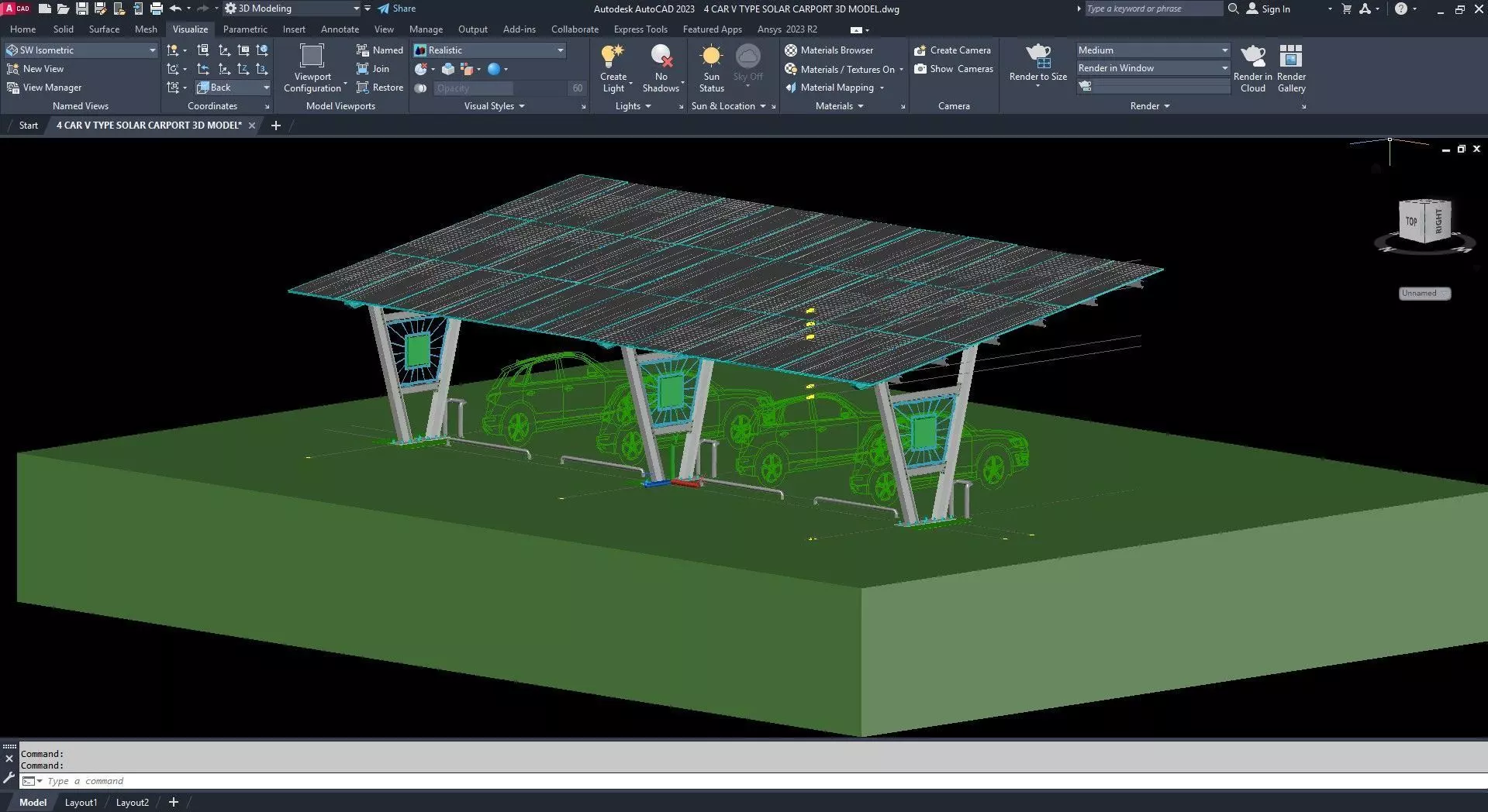4 CAR V TYPE SOLAR CARPORT 3D MODEL 3D model_11