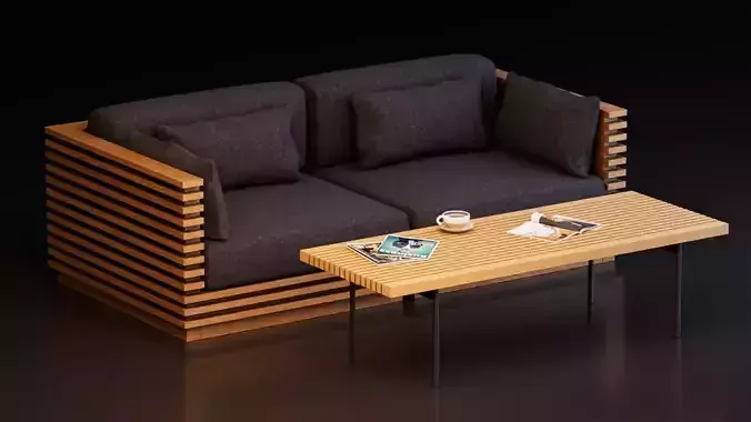 Modern Wooden Slat Sofa with Coffee Table