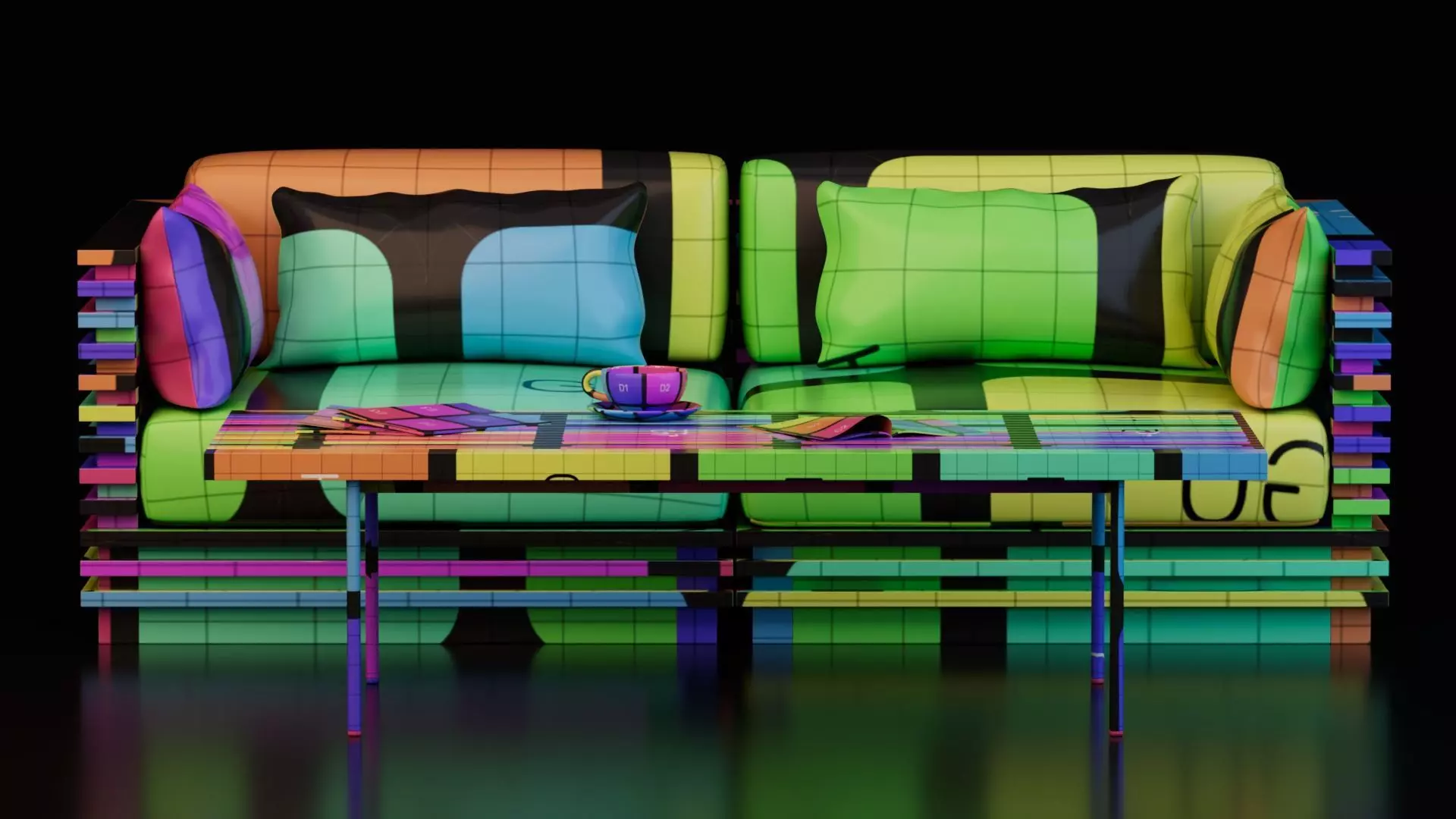 Modern Wooden Slat Sofa with Coffee Table 3D model_12