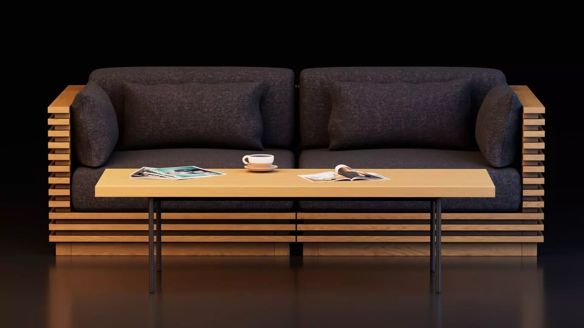 Modern Wooden Slat Sofa with Coffee Table 3D model_2