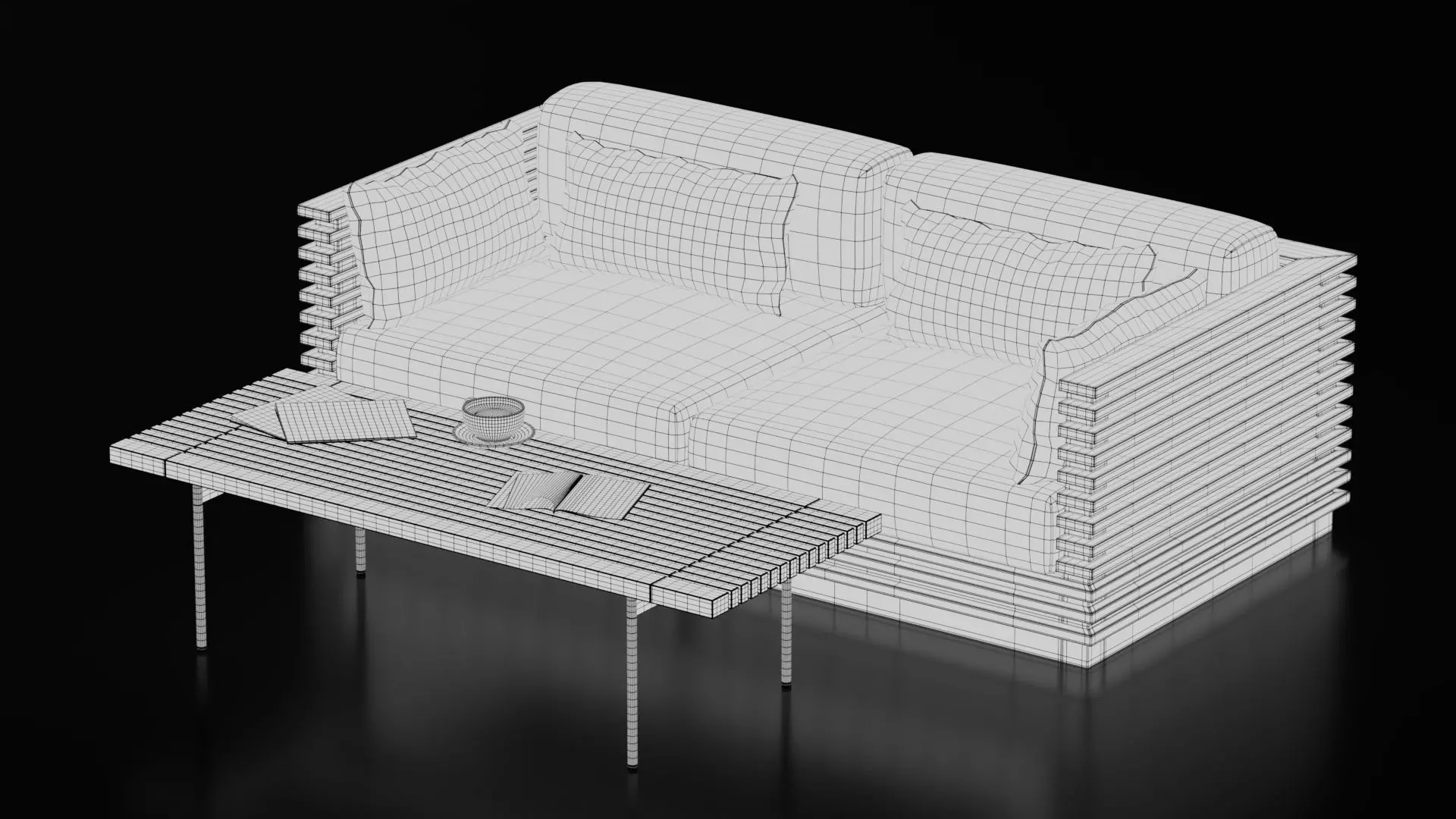 Modern Wooden Slat Sofa with Coffee Table 3D model_10