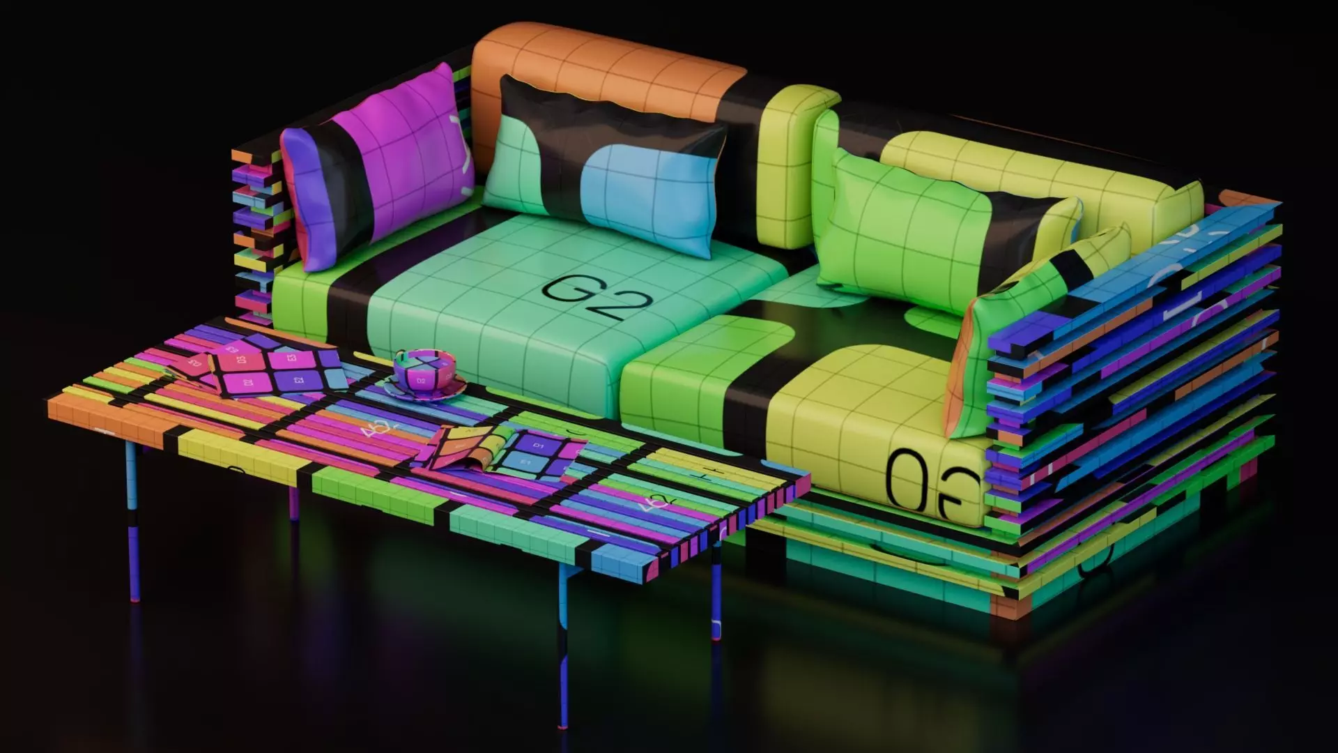 Modern Wooden Slat Sofa with Coffee Table 3D model_14