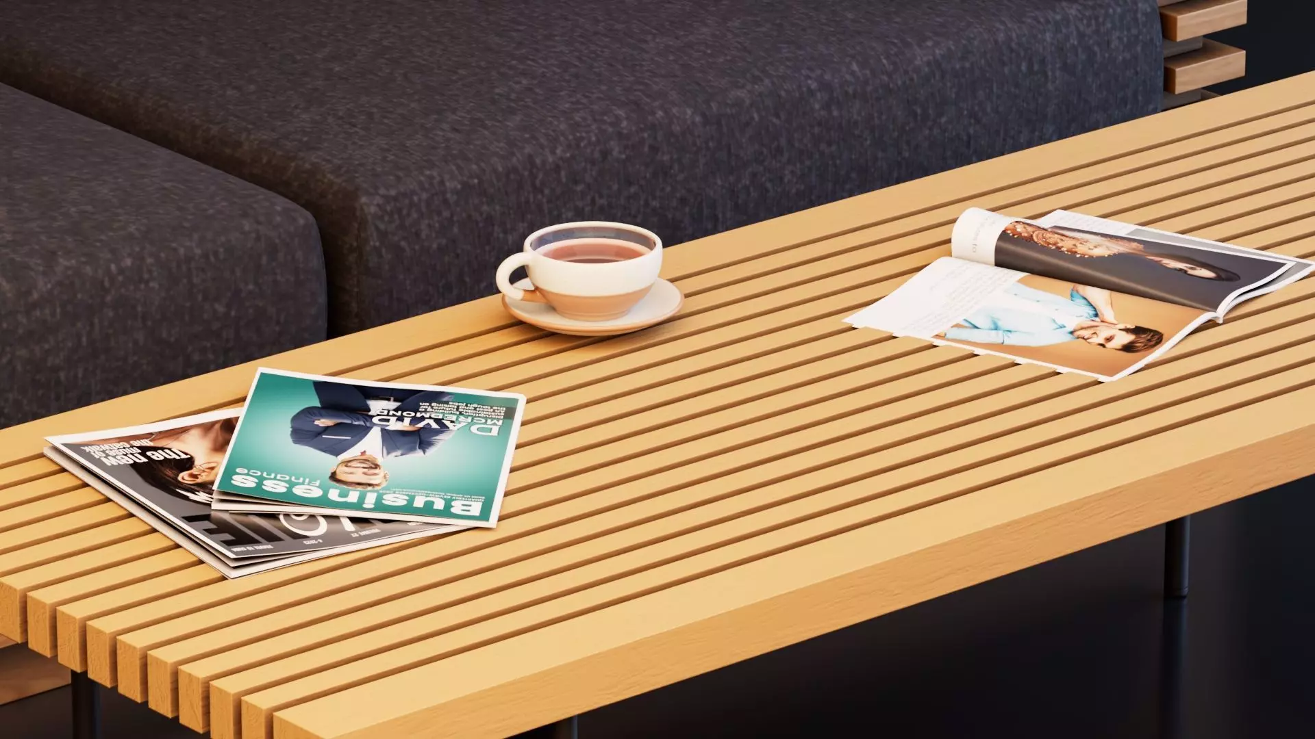 Modern Wooden Slat Sofa with Coffee Table 3D model_6