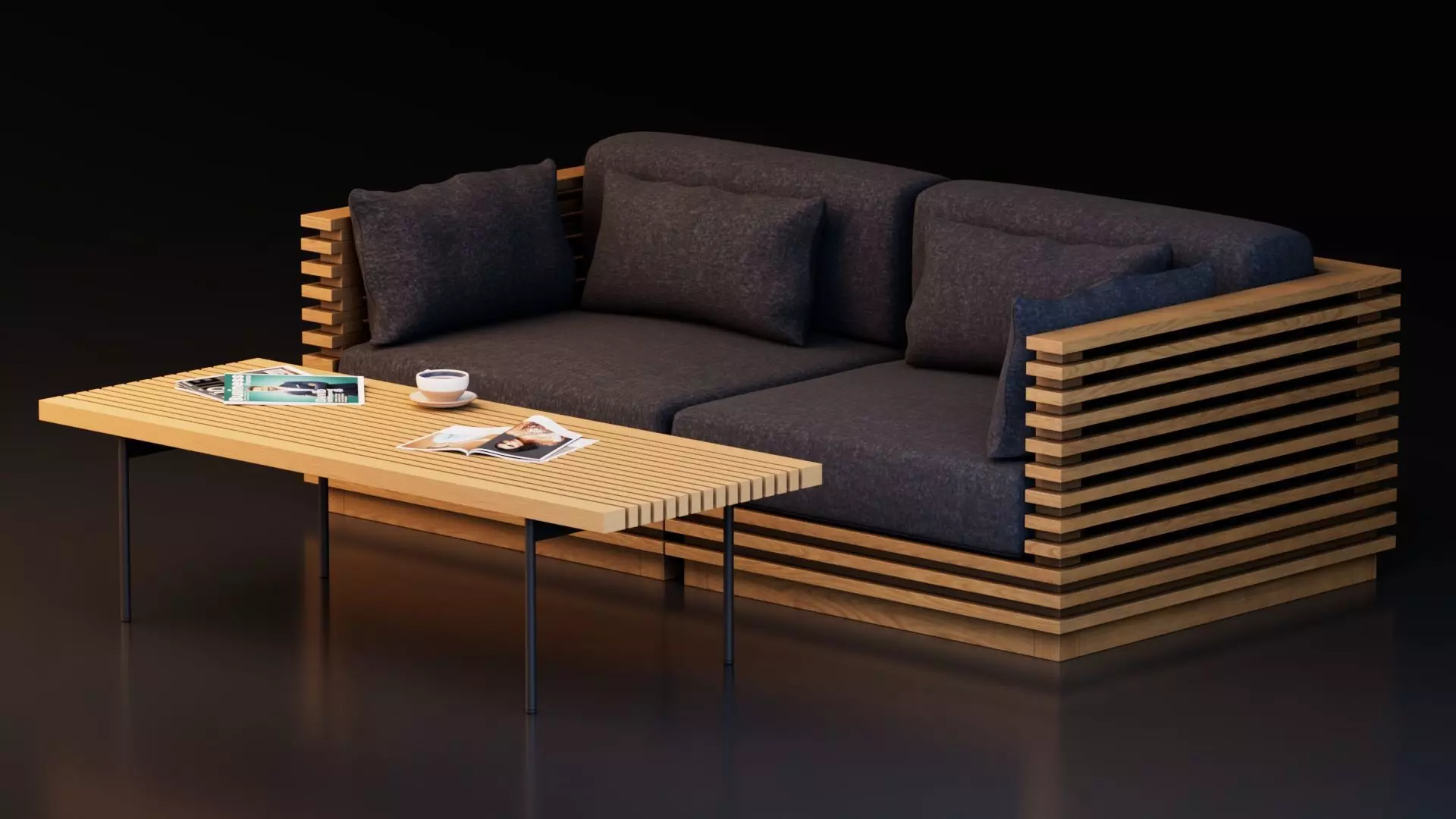 Modern Wooden Slat Sofa with Coffee Table 3D model_1