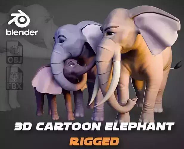 Cartoon Elephant Family Rigged Characters for Blender Low-poly 3D model