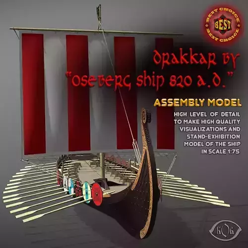 Drakkar is a Viking warship by Oseberg ship 820 AD 3D model