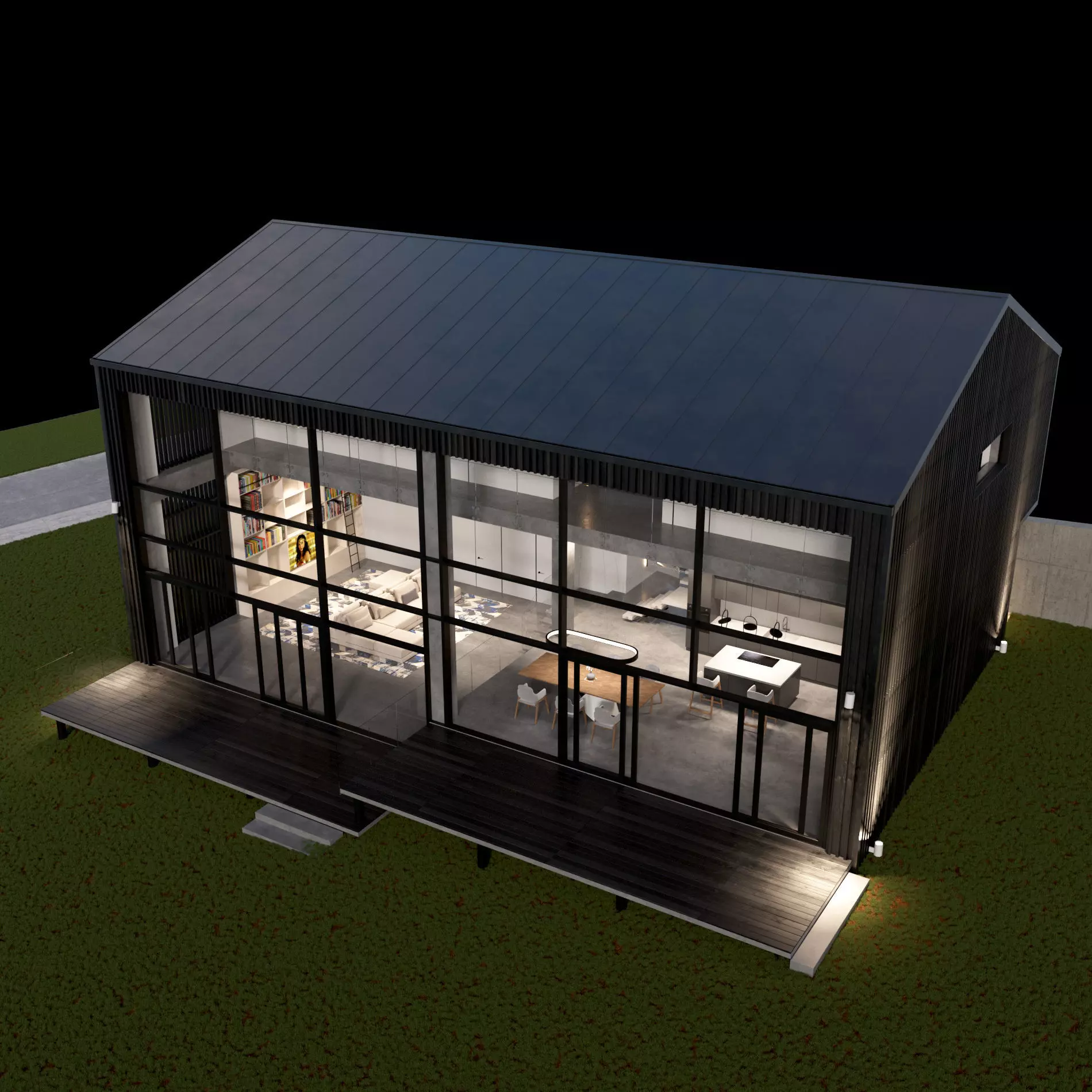 Modern barn house with furniture 3D model_9