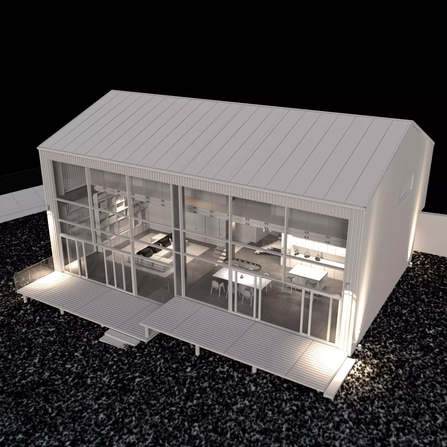 Modern barn house with furniture 3D model_8