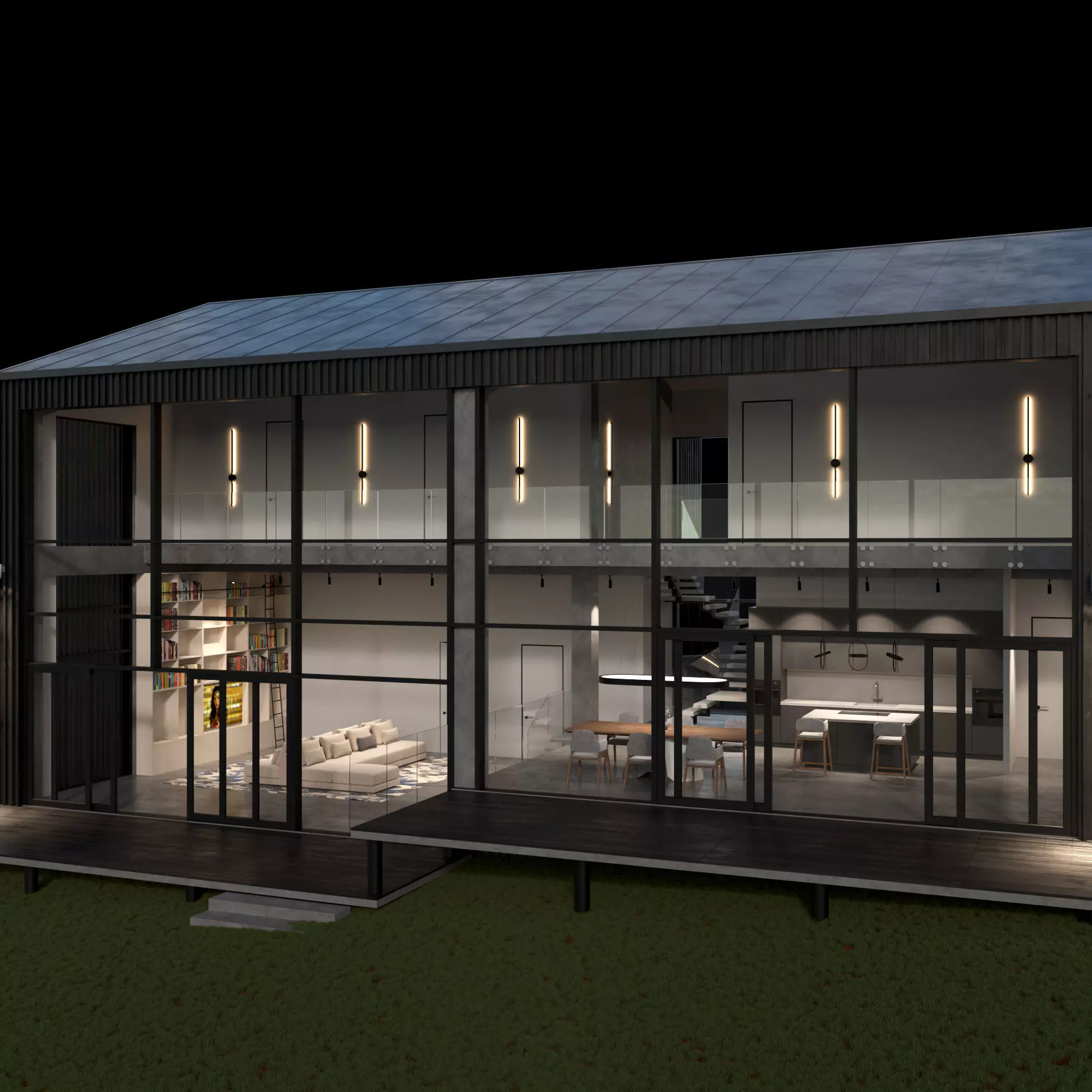 Modern barn house with furniture 3D model_16