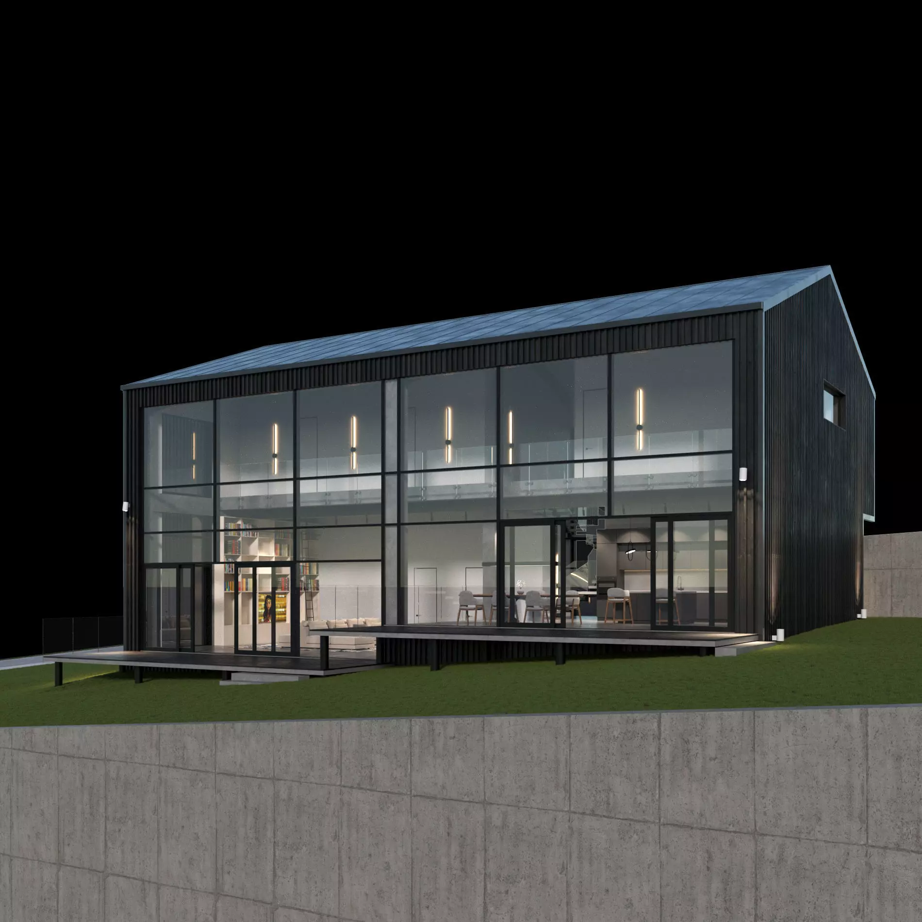 Modern barn house with furniture 3D model_0