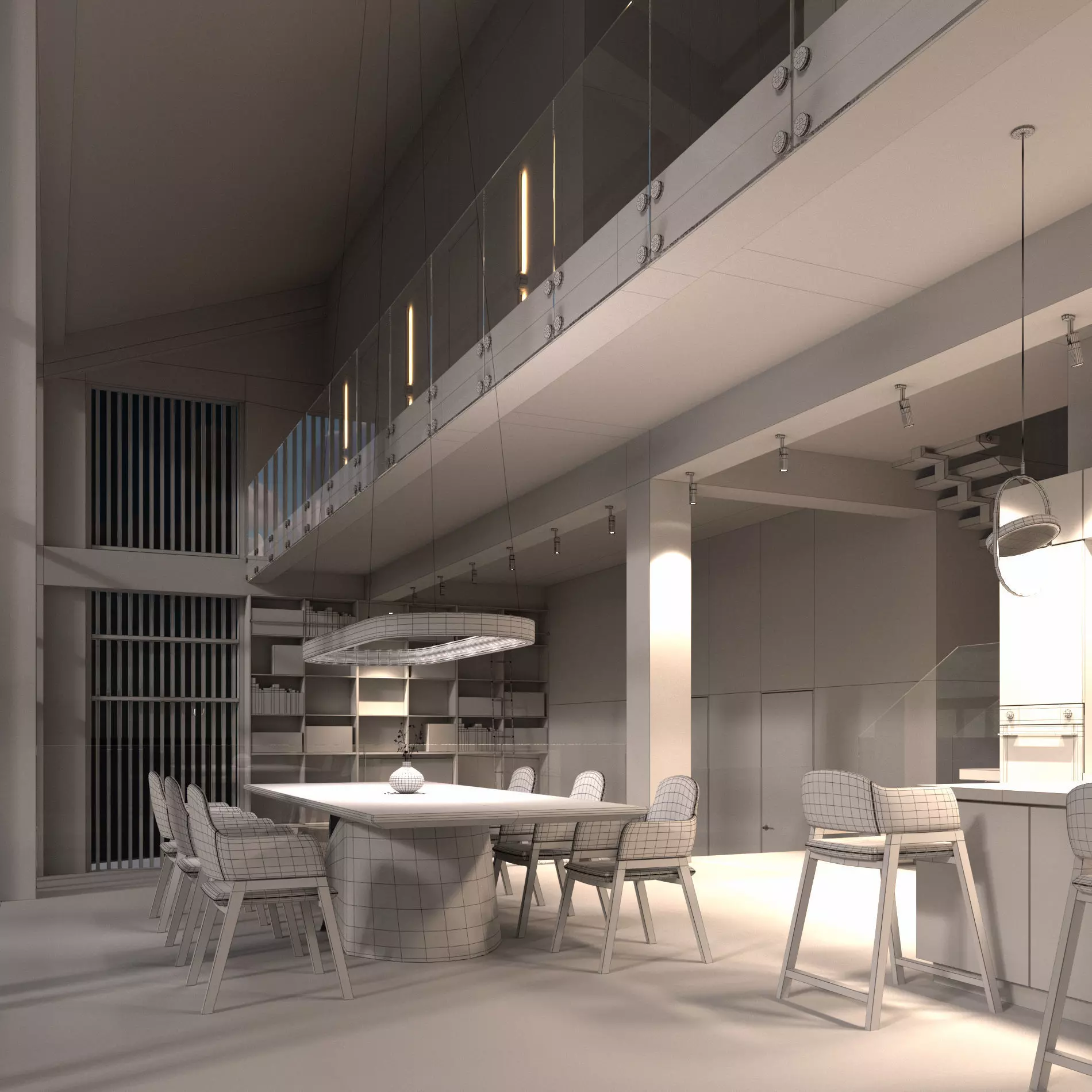 Modern barn house with furniture 3D model_22