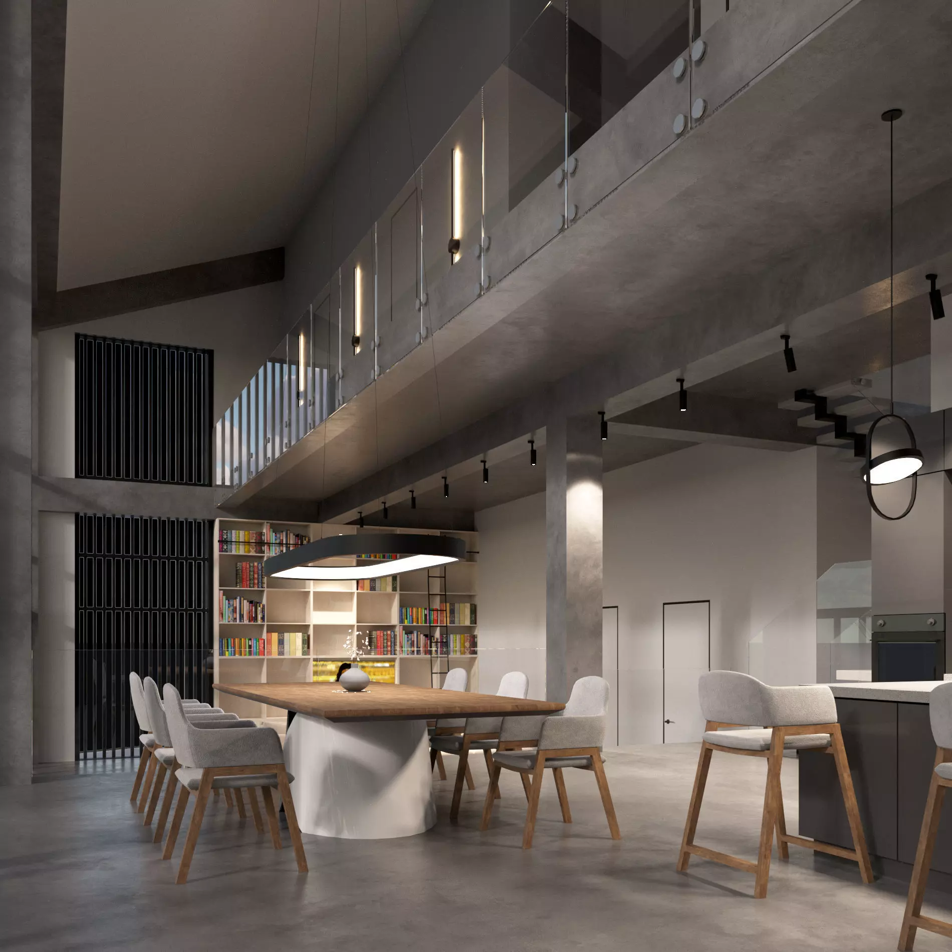 Modern barn house with furniture 3D model_20