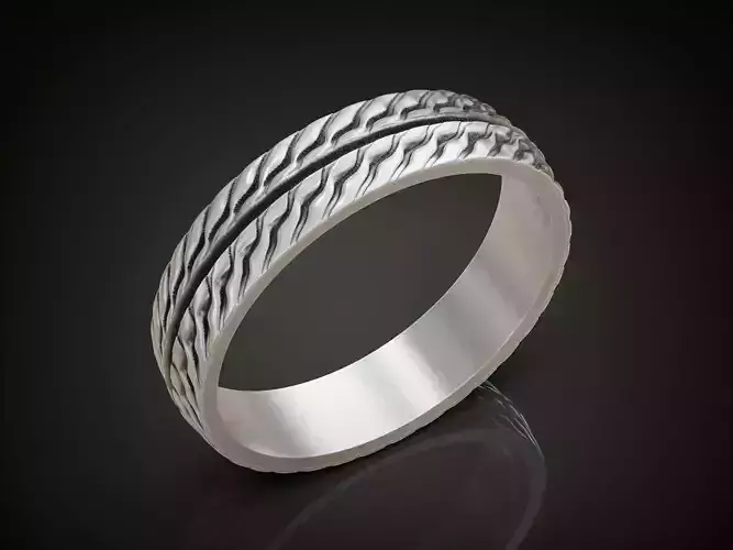 Wedding band ring with wavy texture split by smooth central band 3D print model