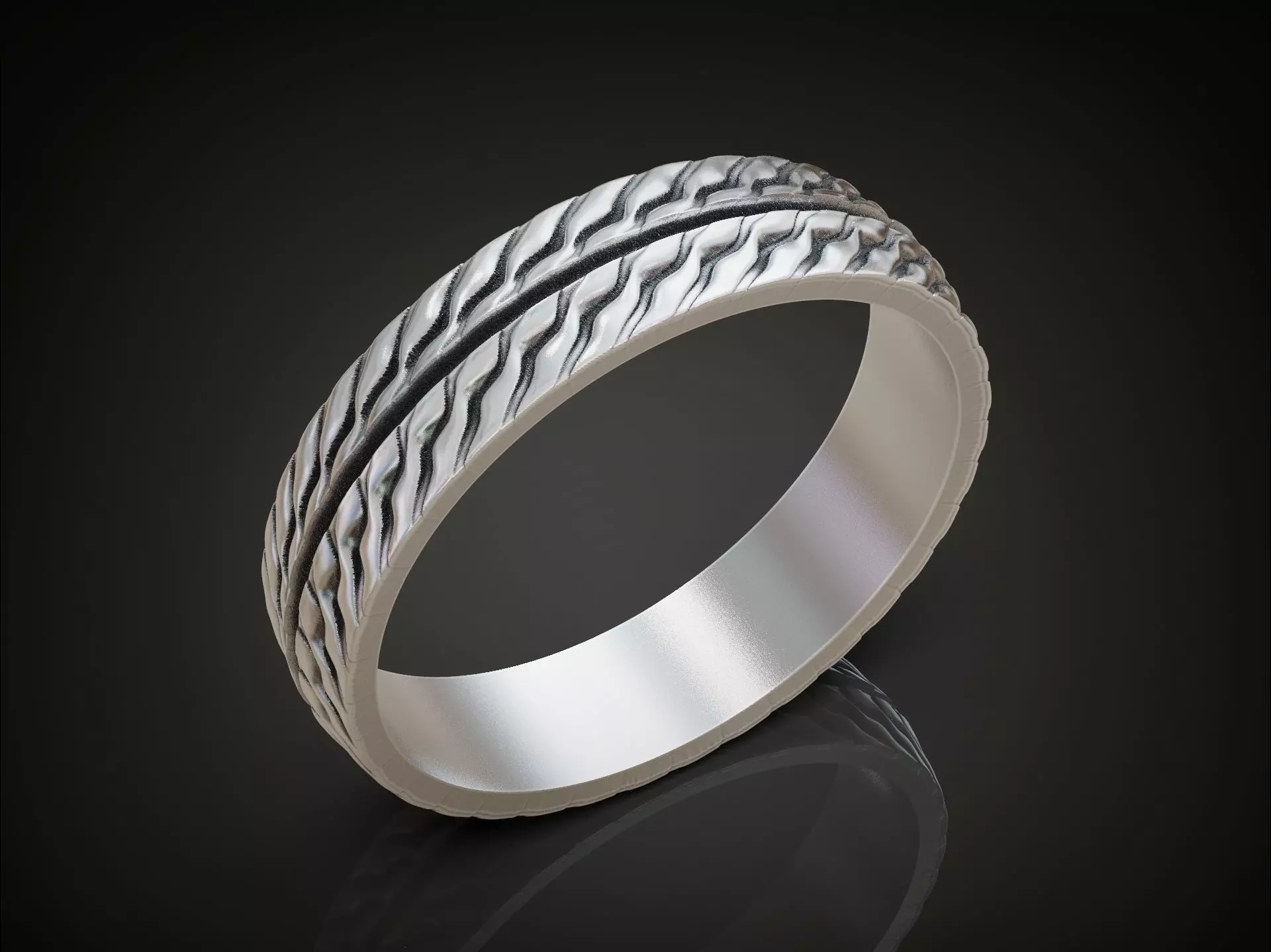 Wedding Band Ring with Wavy Texture Split by Smooth Central Band 3D print model_0