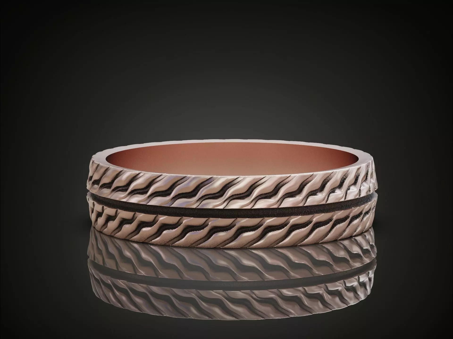 Wedding Band Ring with Wavy Texture Split by Smooth Central Band 3D print model_5