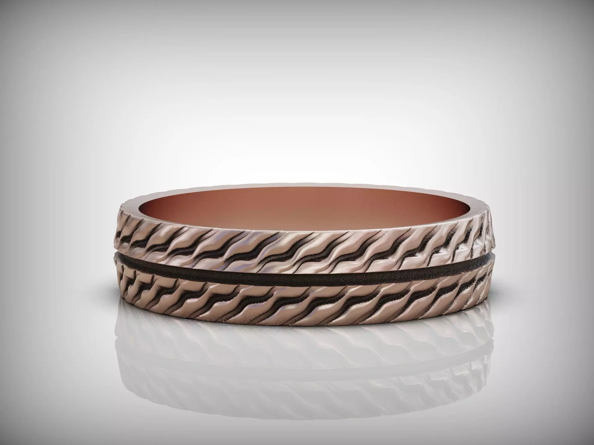 Wedding Band Ring with Wavy Texture Split by Smooth Central Band 3D print model_8
