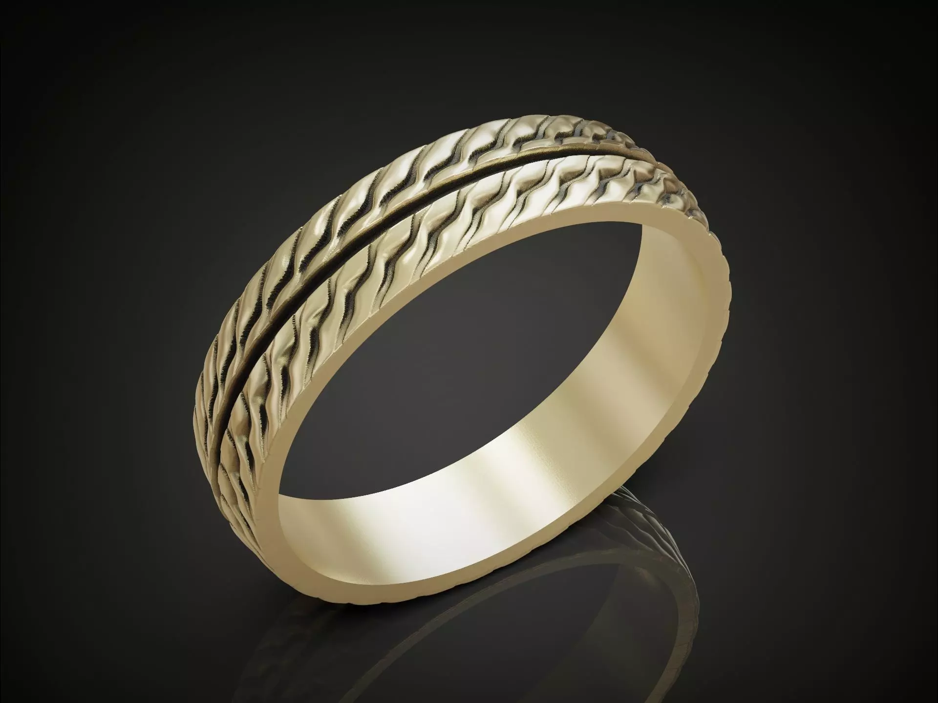 Wedding Band Ring with Wavy Texture Split by Smooth Central Band 3D print model_2