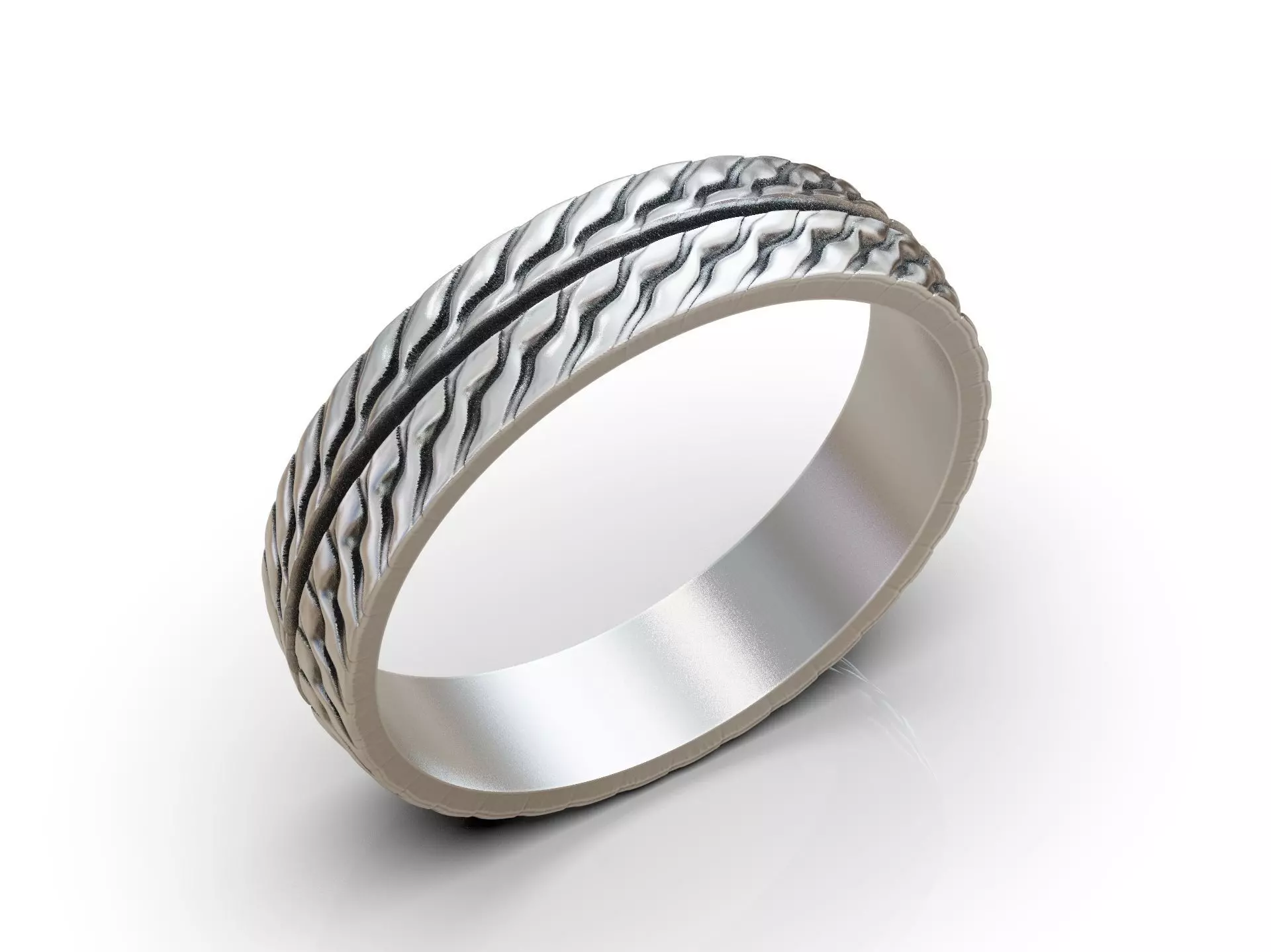 Wedding Band Ring with Wavy Texture Split by Smooth Central Band 3D print model_16
