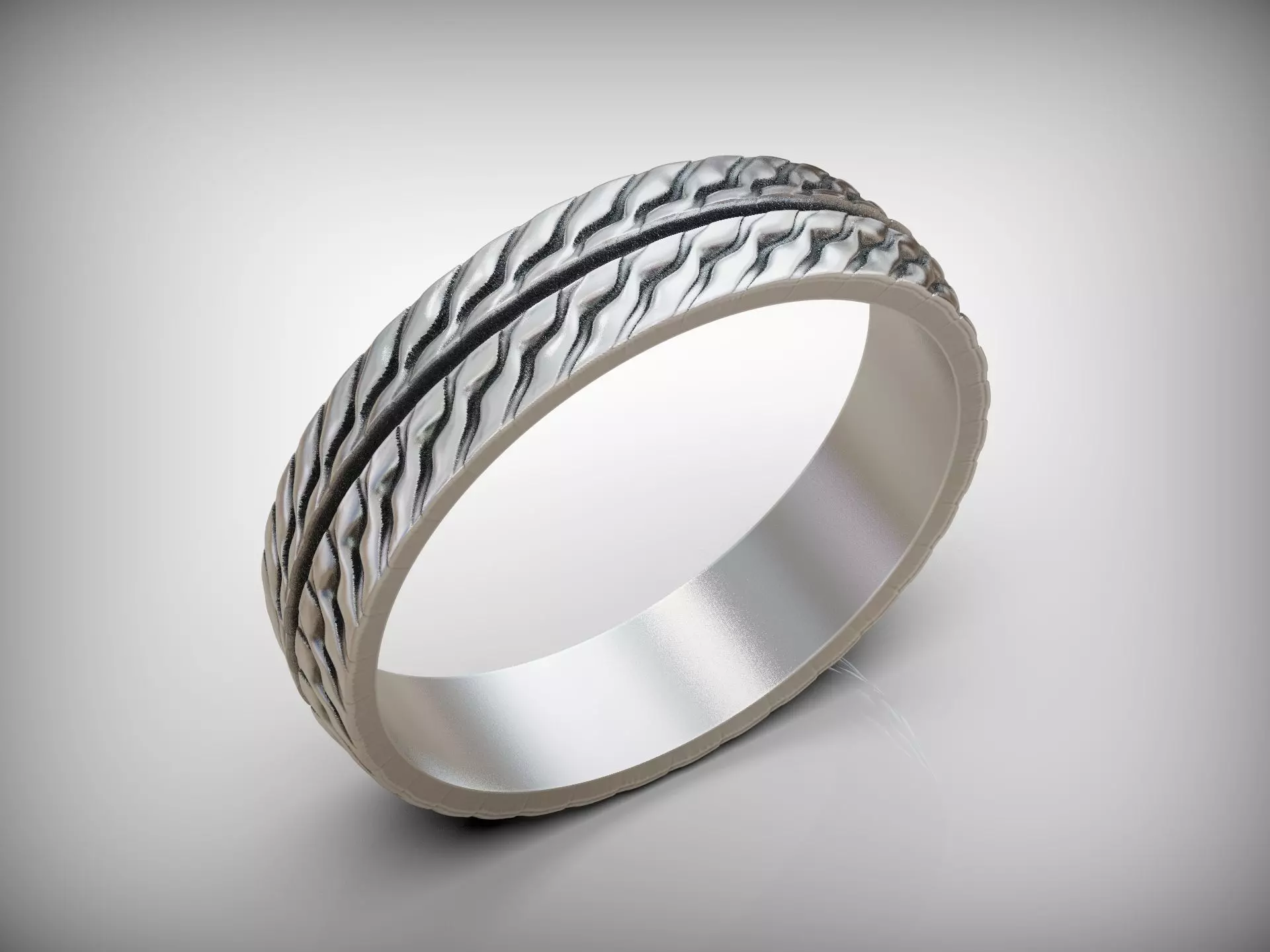 Wedding Band Ring with Wavy Texture Split by Smooth Central Band 3D print model_10