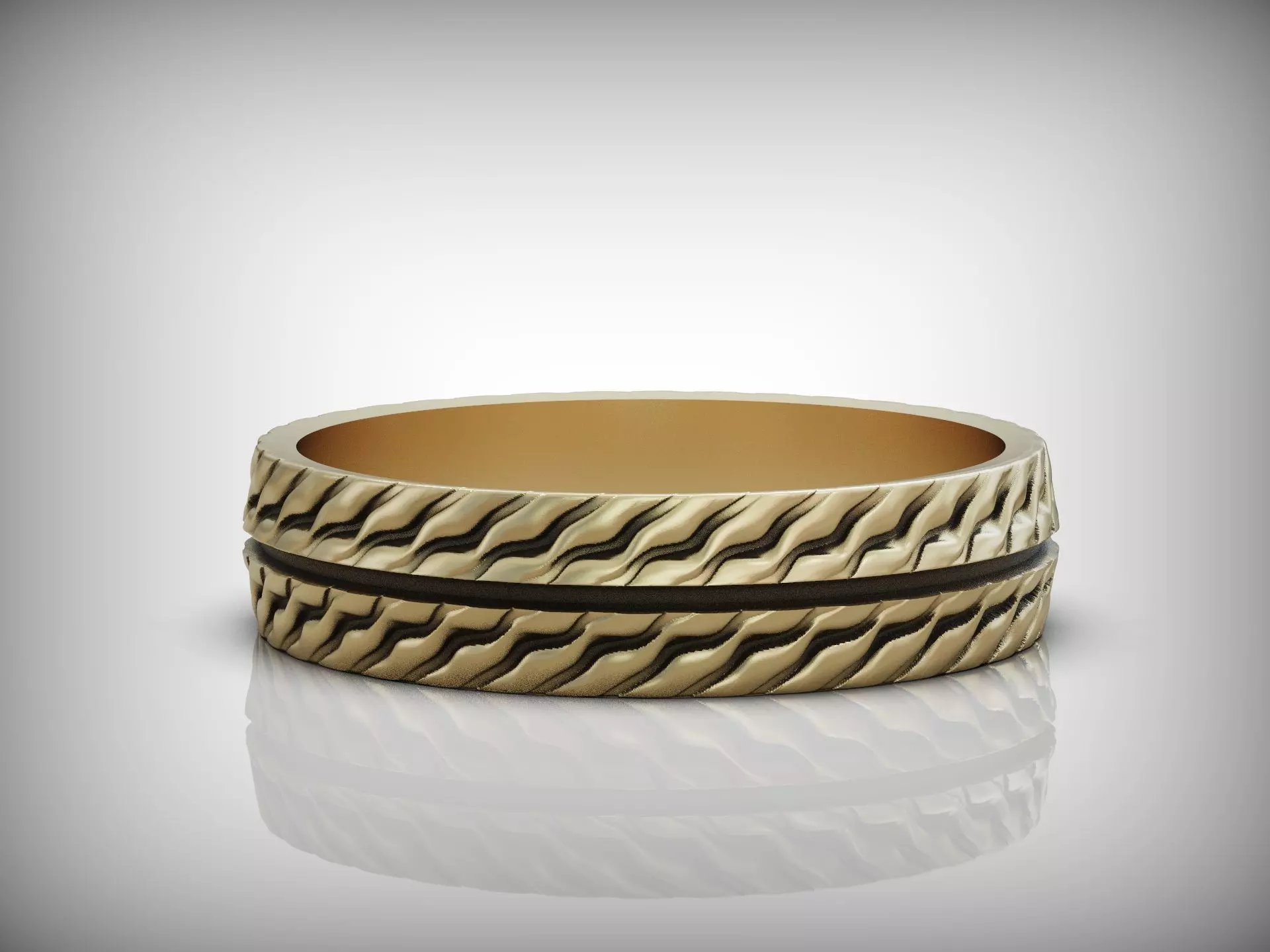 Wedding Band Ring with Wavy Texture Split by Smooth Central Band 3D print model_6