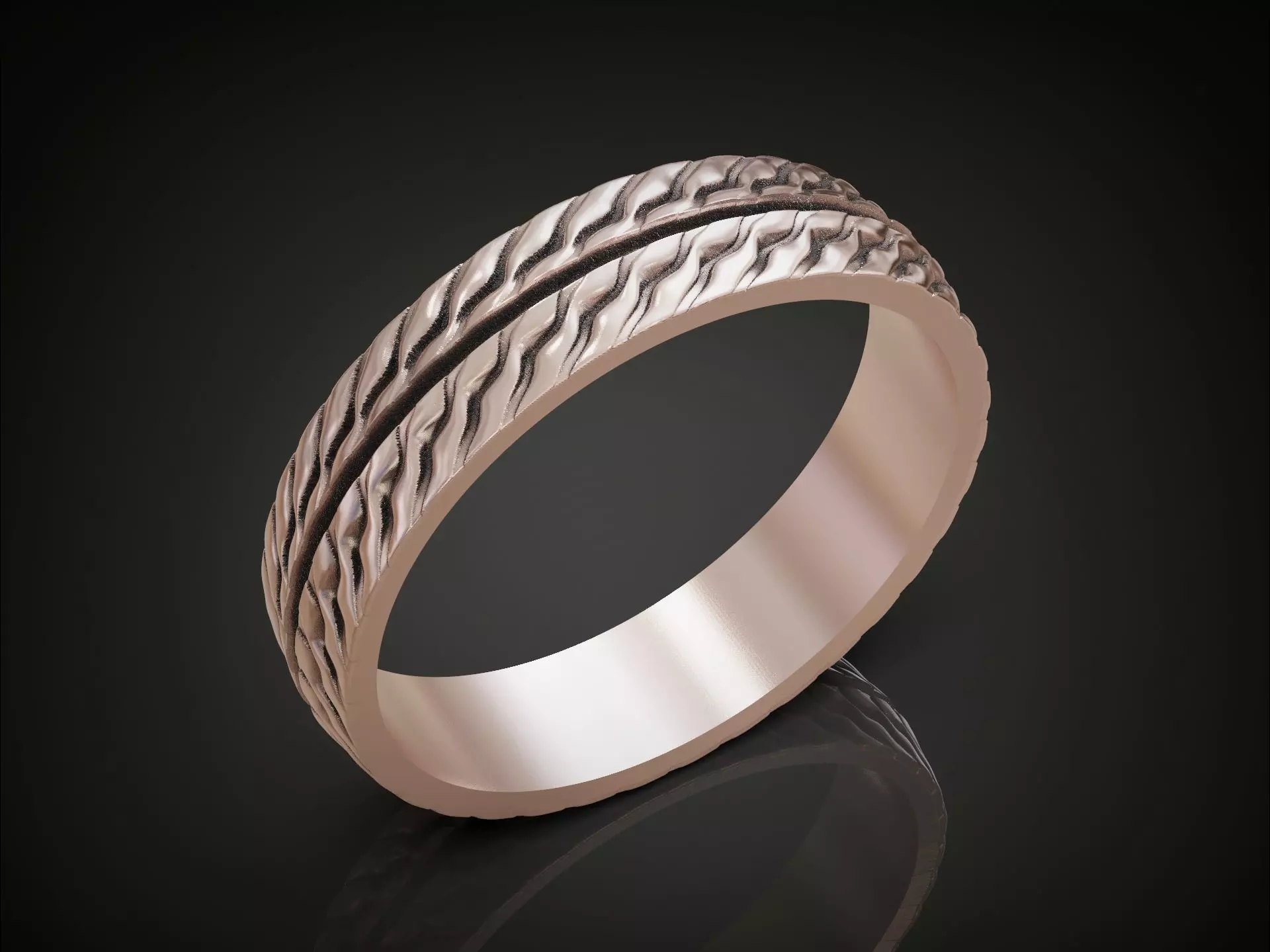 Wedding Band Ring with Wavy Texture Split by Smooth Central Band 3D print model_1
