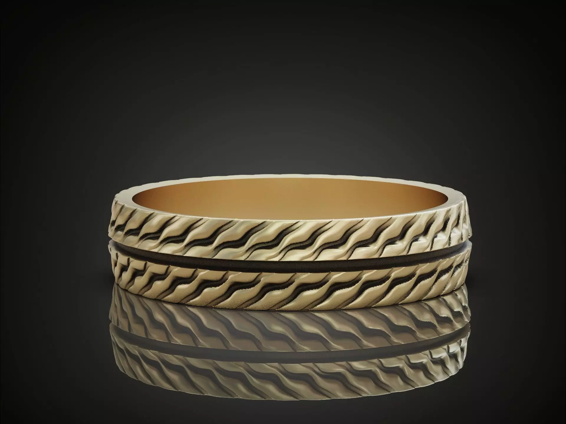 Wedding Band Ring with Wavy Texture Split by Smooth Central Band 3D print model_3